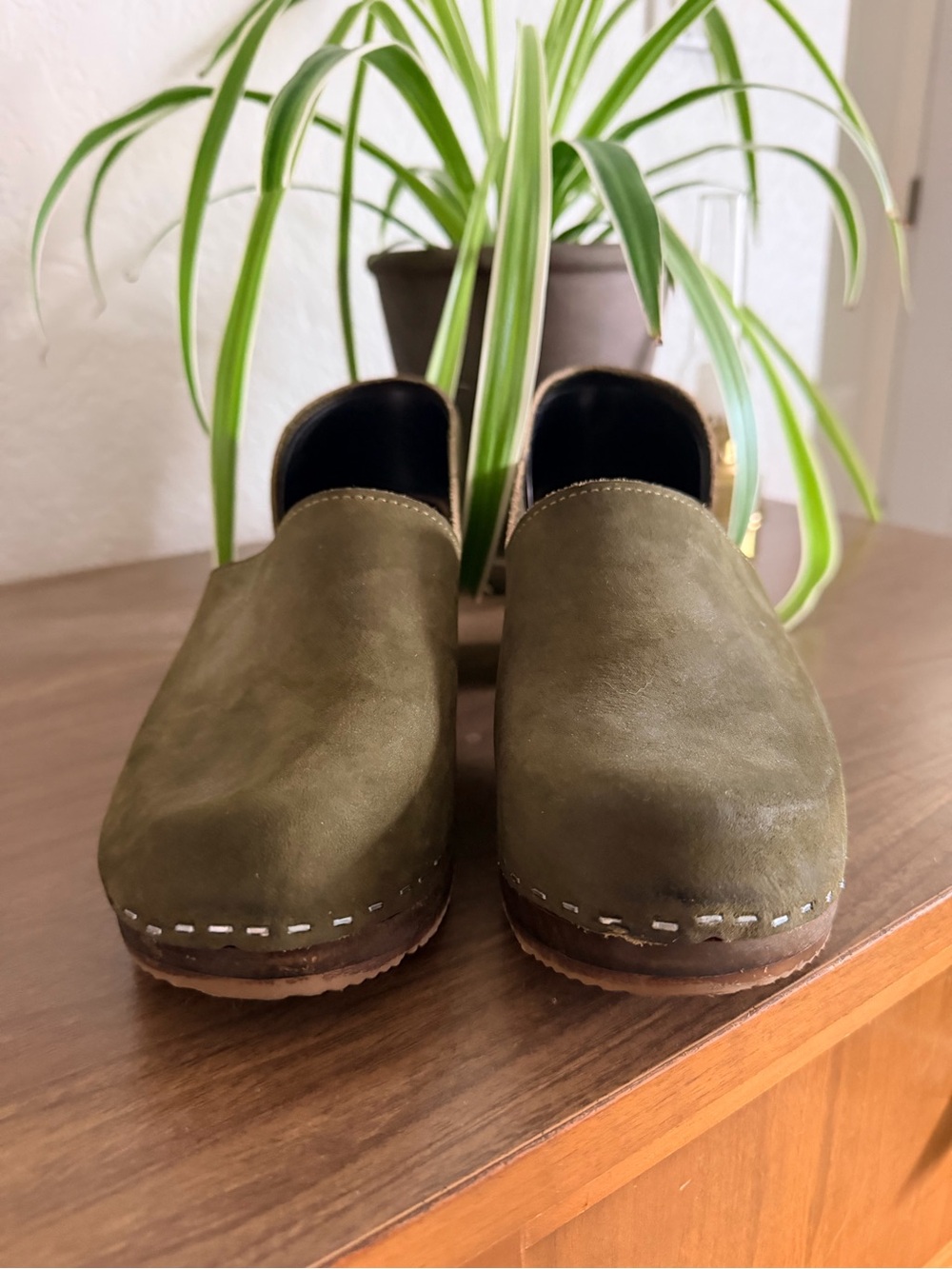Olive Green Leather Clog Mules with Wooden Heel - Picture 6 of 8